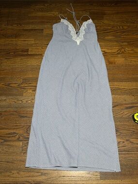 Striped Lace-Trim Maxi Slip Dress in Navy and White